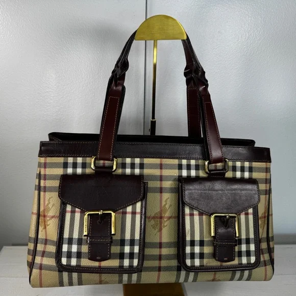 Burberry Nova Check Tote Bag Vintage House Check Canvas Leather Shoulder Bag - Picture 1 of 15